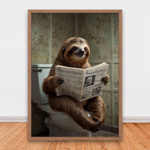 Funny Sloth on Toilet Reading Newspaper, Funny Bathroom Wall Decor, Funny Animals Print, Home Printables, AI Digital Art