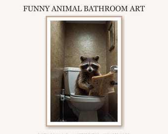 Grappige wasbeer toiletkunst | Prullenbakpanda die krantenafdruk leest | Badkamerdecoratie: 24 x 36 inch