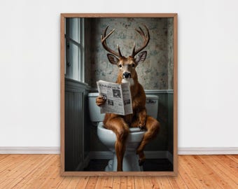 Funny Rustic Deer on Toilet Reading Newspaper, Funny Bathroom Wall Decor, Funny Animals Print, Home Printables, AI Digital Art