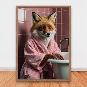 Funny Fox in Pink Bathrobe in Bathtub, Funny Bathroom Wall Decor, Funny Animals Print, Home Printables, AI Digital Art