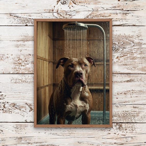 Funny PitBull Bathroom Wall Art Set of Prints, Dog in Bathtub, on Toilet  and Under Shower, Rustic Pet Decor for Dog Lovers
