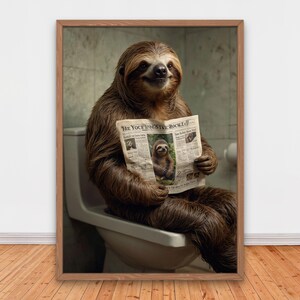 Charming Sloth on Toilet Reading Newspaper, Funny Bathroom Wall Decor, Funny Animals Print, Home Printables, AI Digital Art