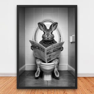 Funny Rabbit Reading Newspaper on Toilet, Funny Bathroom Wall Decor, Funny Animals Print, Home Printables, Adorable Rabbit Printable