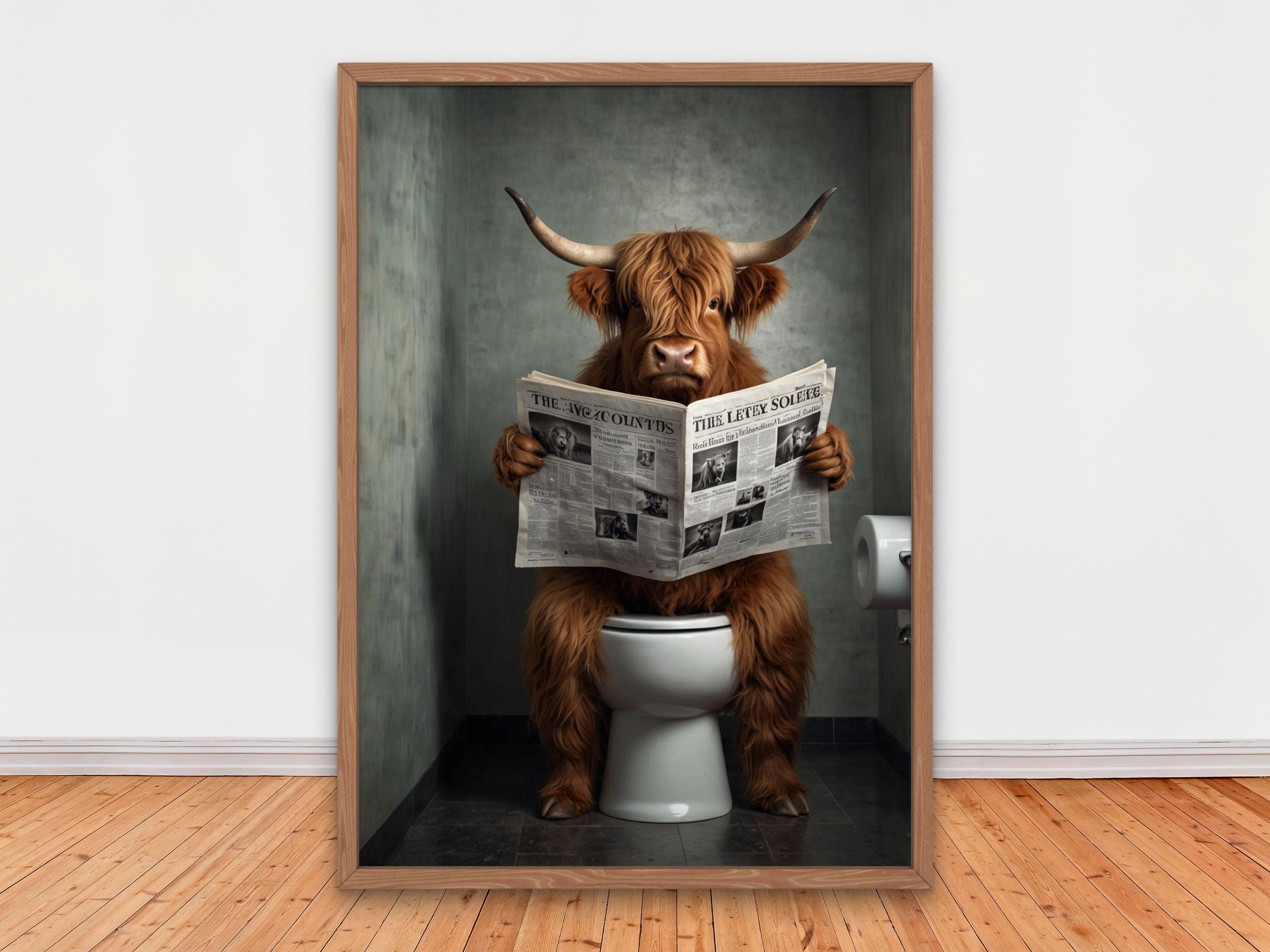 Highland Cow Reading Newspaper on Toilet, Funny Bathroom Wall Decor, Funny Animals Print, Home Printables, AI Digital Art