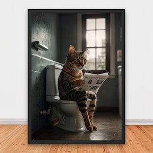 Funny Cat Sitting on the Toilet Reading a Newspaper, Funny Bathroom Humor, Funny Animals Print, Home Print, Adorable Cat Print