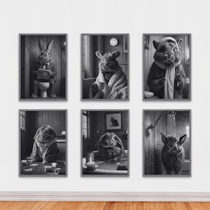 Black and White Bunny Bathroom Wall Art, Funny Rabbit Prints, Rustic Farmhouse Decor, Quirky Woodland Posters, Instant Printable