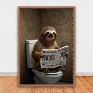 Hilarious Sloth Bathroom Print - Funny Wall Art for Laughs,Silly Sloth Reading Newspaper,  Funny Animals Print, Home Printables