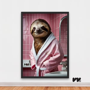 Funny Sloth Bathroom Art, Pink Robe Animal Printable, Retro Spa Wall Decor, Sloth in Bathrobe Poster, Digital Download JPG