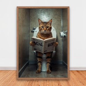 Quirky Cat Reading Newspaper on Toilet, Funny Bathroom Wall Decor, Funny Animals Print, Home Printables, AI Digital Art, Adorable Cat Print