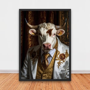 Noble Renaissance Bull Portrait, Renaissance Portrait Painting, Quirky Animal Home Decor, Animal Head, Elegant Art Print