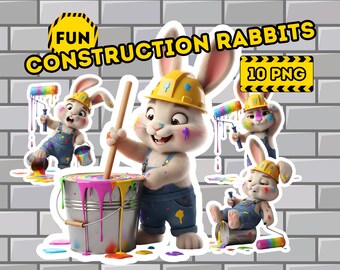 Construction Rabbit Clipart Set | Painter Bunny PNG | Rainbow Art Bundle Commercial Use