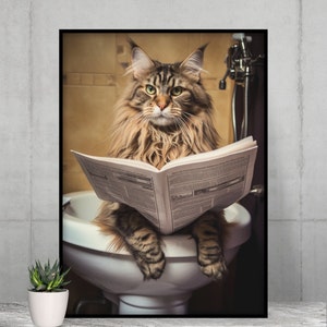 Adorable gato sentado en el inodoro leyendo un periódico, decoración divertida de la pared del baño, impresión de animales divertidos, imprimibles para el hogar, arte digital con IA