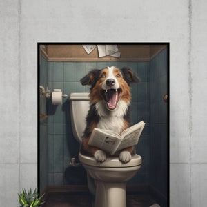Adorable Dog Sitting on the Toilet Reading a Newspaper,Funny Bathroom Wall Decor, Funny Animal Print, Home Printables, AI Digital Art