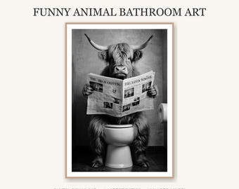 Funny Bathroom Wall Art | Highland Cow on Toilet Print | Digital Download B&W