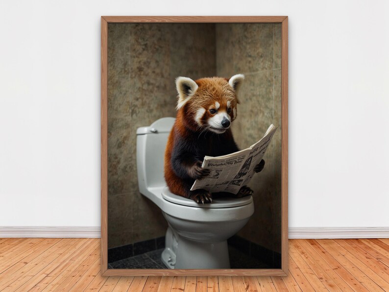 Cute Red Panda on Toilet Reading Newspaper, Funny Bathroom Wall Decor ...