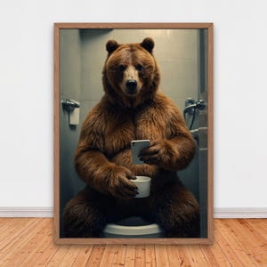 Comical Bear with Coffee Mug and Smartphone on Toilet, Funny Bathroom Wall Decor, Funny Animals Print, Home Printables, Funny Bear Wall Art