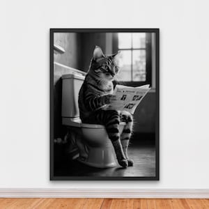 Funny Cat Sitting on the Toilet Reading a Newspaper, Black and White Humorous Bathroom, Funny Animals Print, Home Print, Adorable Cat Print
