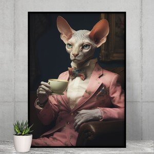 Portrait d’un adorable Sphynx dans un costume royal, décoration murale de salle de bain amusante, impression d’animaux drôles, imprimables pour la maison, art numérique IA