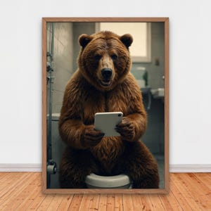 Whimsical Bear Wall Art for a Giggle-Worthy Bathroom, AI Digital Print Included, Home Printables, Smile-Inducing Bear on Toilet Art Print