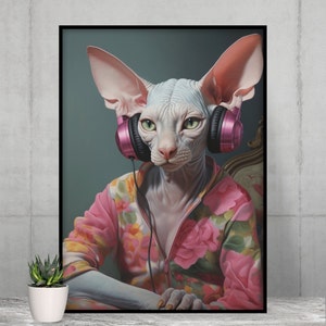 Portrait Of A Sphynx In A Bathrobe With Giant Headphones,Funny Bathroom Wall Decor, Funny Animals Print, Home Printables, AI Digital Art