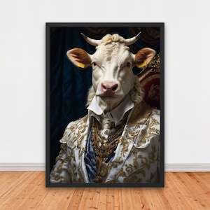 Majestic Renaissance Cow Portrait, Renaissance Portrait Painting, Quirky Animal Home Decor, Animal Head, Sophisticated Decor