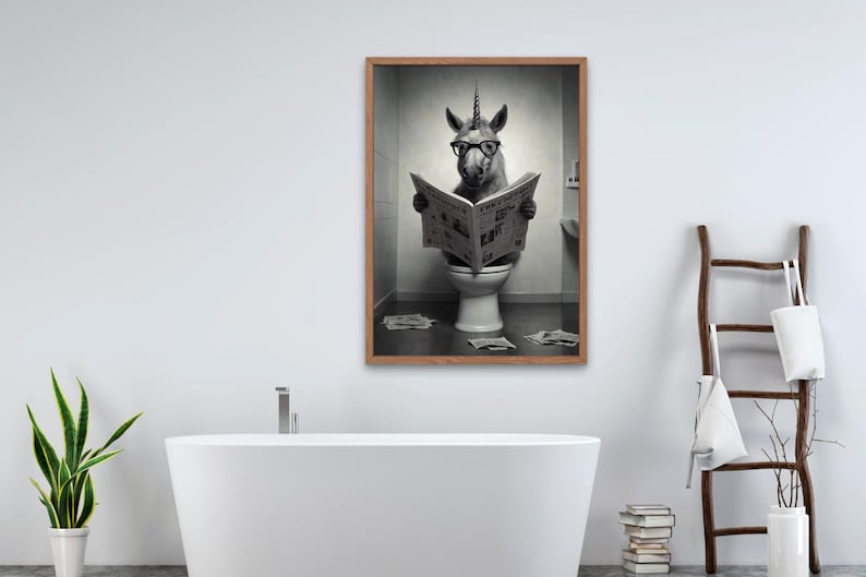 Funny Unicorn Reading Newspaper on Toilet, Funny Bathroom Wall Decor ...