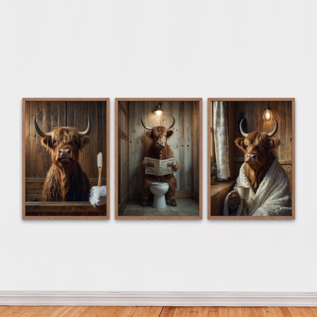 Funny Highland Cow Bathroom Wall Art Set of 3 Prints, Cow Brushing ...