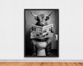 Funny Digital Wall Art Highland Cow Reading Newspaper on Toilet – Black and White Bathroom or Office Humorous Printable Decor
