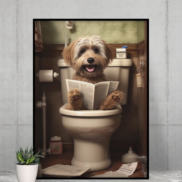 Adorable chien assis sur les toilettes en train de lire un journal, décoration murale drôle de salle de bain, impression animal drôle, produits à imprimer pour la maison, art numérique IA