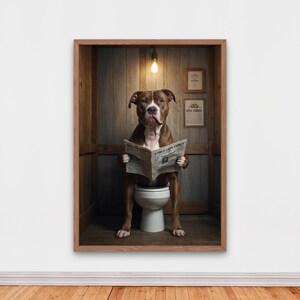 Funny Pitbull on Toilet, Toilet Humor Dog Printable, Rustic WC Wall Decor, Digital Download, Dog on Toilet Poster, Pitbull Cabin Artwork