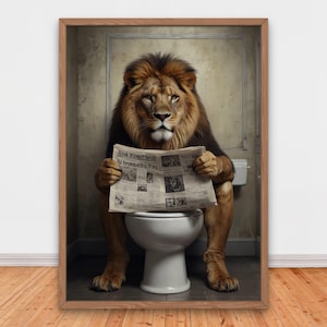 Funny Lion Sitting on the Toilet Reading a Newspaper, Funny Bathroom Humor, Funny Animals Print, Home Print, Majestic Lion Print
