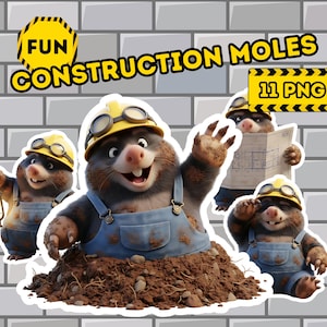 May include: A digital illustration featuring cartoon moles dressed as construction workers. The moles wear yellow hard hats and overalls. Text reads "FUN CONSTRUCTION MOLES" and "11 PNG". The moles are set against a brick wall background.