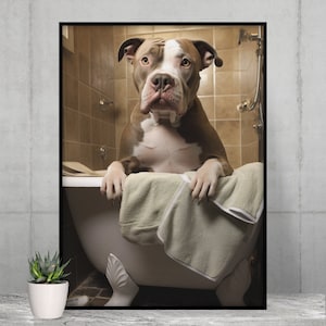 Pitbull Splish-Splash Print, Funny Bathroom Decor, Animal Lover Wall Art, Digital Download, Cute Dog Art, Instant Download