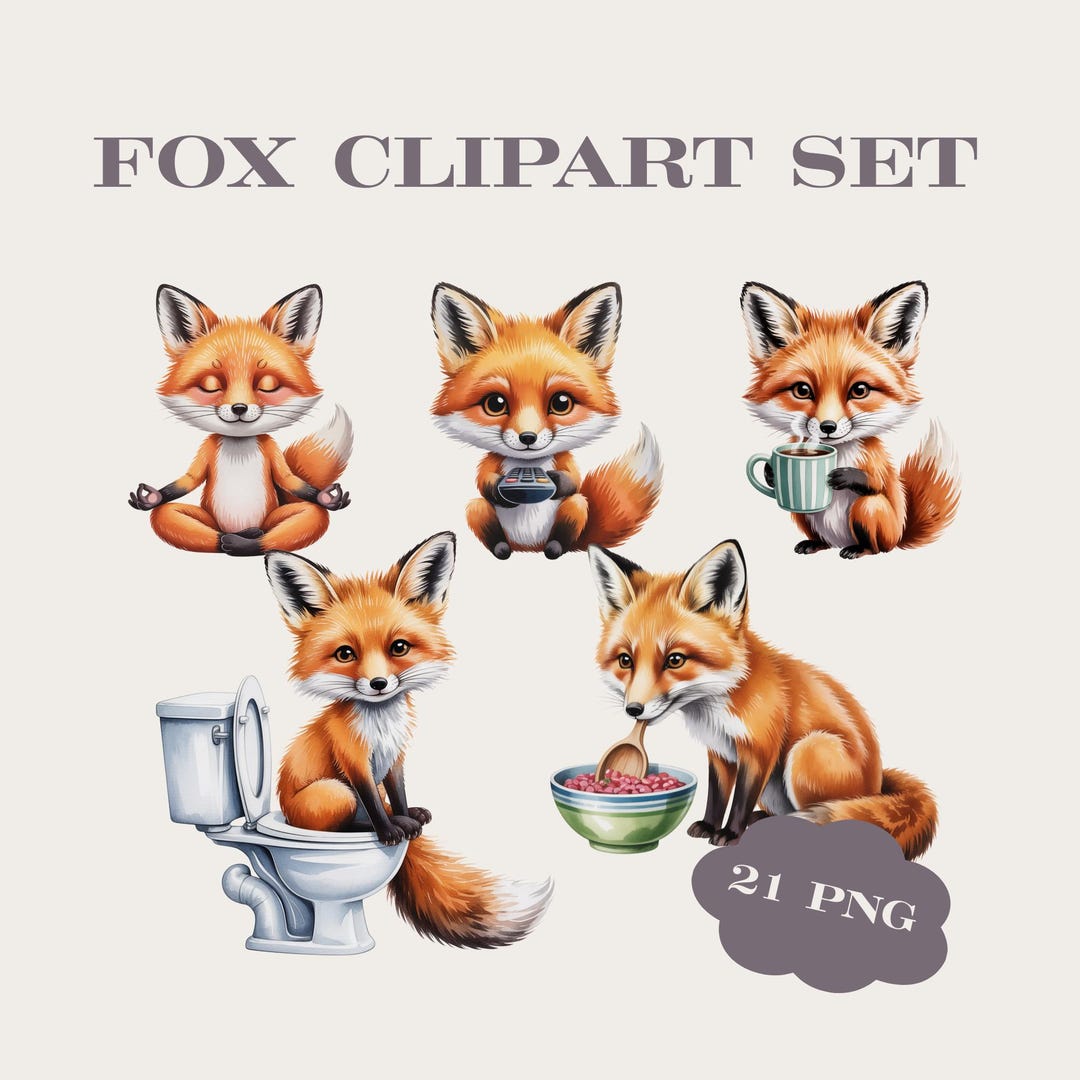 Watercolor Fox Clipart Bundle | Daily Life Routine PNG | Funny Animal ...