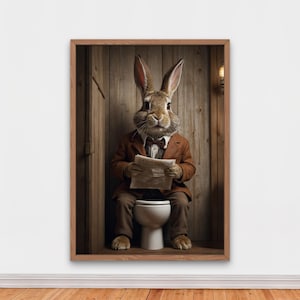 Funny Rabbit Bathroom Art, Bunny Toilet Humor Printable, Rustic Animal Wall Decor, Digital Download, Outhouse Poster, Dressed Bunny WC Art