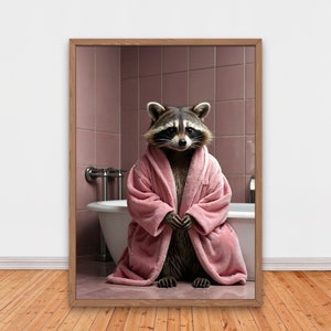 Cute Raccoon in Pink Bathrobe in Bathtub, Funny Bathroom Wall Decor, Funny Animals Print, Home Printables, AI Digital Art
