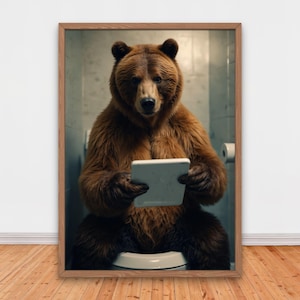 Serious Bear on Toilet with Tablet, Funny Bathroom Wall Decor, Funny Animals Print, Home Printables, Funny Bear Wall Art Print