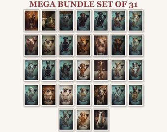 Funny Animal Drinking Wine Smoking Toilet Color Mega Bundle Set of 31 Prints