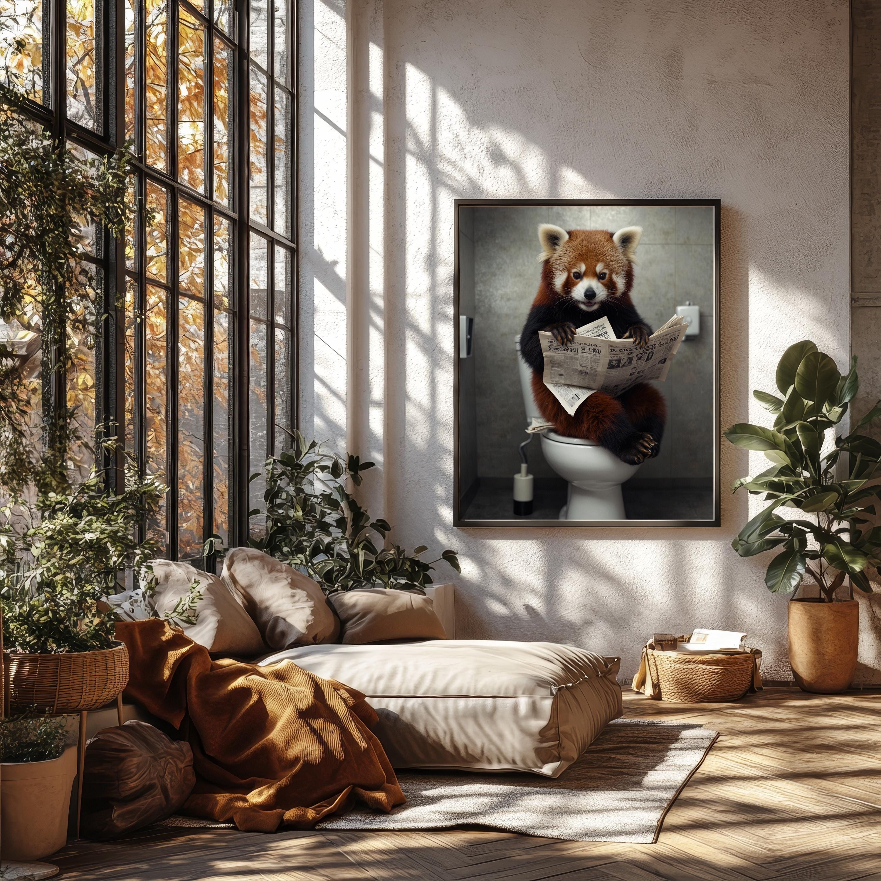 Funny Red Panda Reading Newspaper on Toilet Print | Bathroom Wall