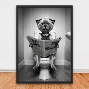 Funny Blue-Eyed Cat Reading Newspaper on Toilet, Funny Bathroom Wall Decor, Funny Animals Print, Home Printables, Adorable Cat Printable