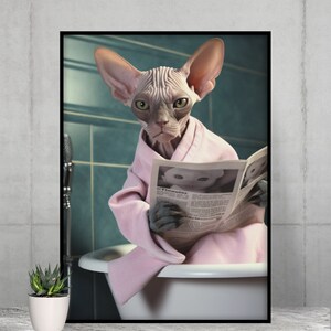 Adorable Sphynx Sitting on the Toilet Reading a Newspaper,Funny Bathroom Wall Decor, Funny Animals Print, Home Printables, AI Digital Art