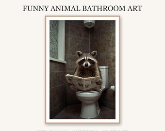 Grappige wasbeer toiletkunst | Prullenbakpanda die krantenafdruk leest | Badkamerdecoratie: 24 x 36 inch
