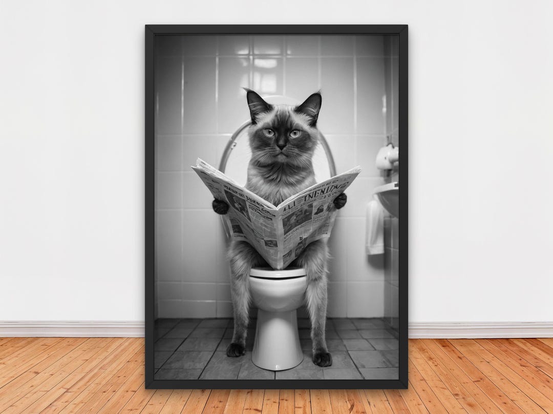 Funny Cat Reading Newspaper on Toilet - Adorable Bathroom Wall Decor ...