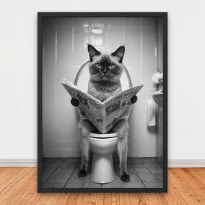 Funny Cat Reading Newspaper on Toilet, Funny Bathroom Wall Decor, Funny Animals Print, Home Printables, Adorable Cat Printable