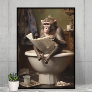 Whimsical Bathroom Art: Monkey Relaxing with Newspaper Print, Funny Wall Decor, Instant Download, Animal Print, Home Printables