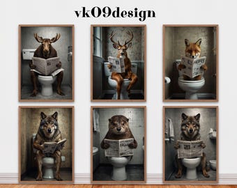 Funny Woodland Animals on Toilet Art Set, Bundle of 6, Funny Bathroom Wall Print, Animal Humor Prints, Home Printable, Funny Deer Print