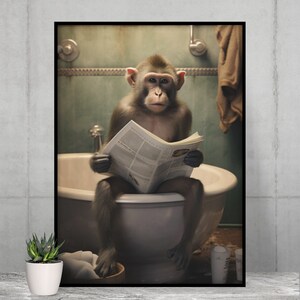 Monkey Sits On A Bathtub And Reads A Newspaper, Wall Decor, Funny Bathroom, Animal Print, Home Printables, Digital Art, Instant Download