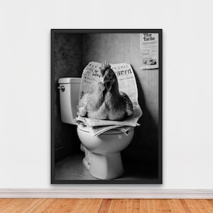 Funny Chicken on Toilet with Newspaper, Black and White Humorous Bathroom Printable Decor, Home Printables, AI Digital Art