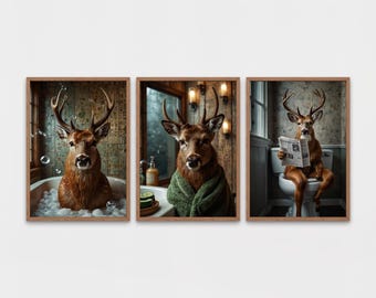 Funny Deer Rustic on Toilet, Wall Art Set of 3 Prints, Spa Robe, Toilet Reading Scene, Digital Download Rustic Cabin Decor