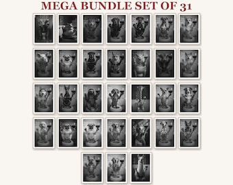 Funny Animal Drinking Wine Smoking Toilet Black and White Mega Bundle 31 Prints